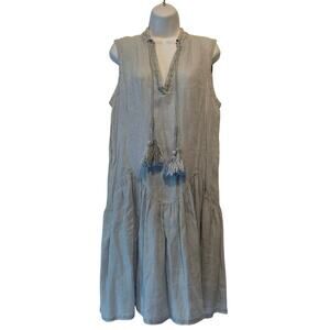 Johnny Was 100% Linen Chambray Dress with Tassles & Embroidery Oversized S EUC